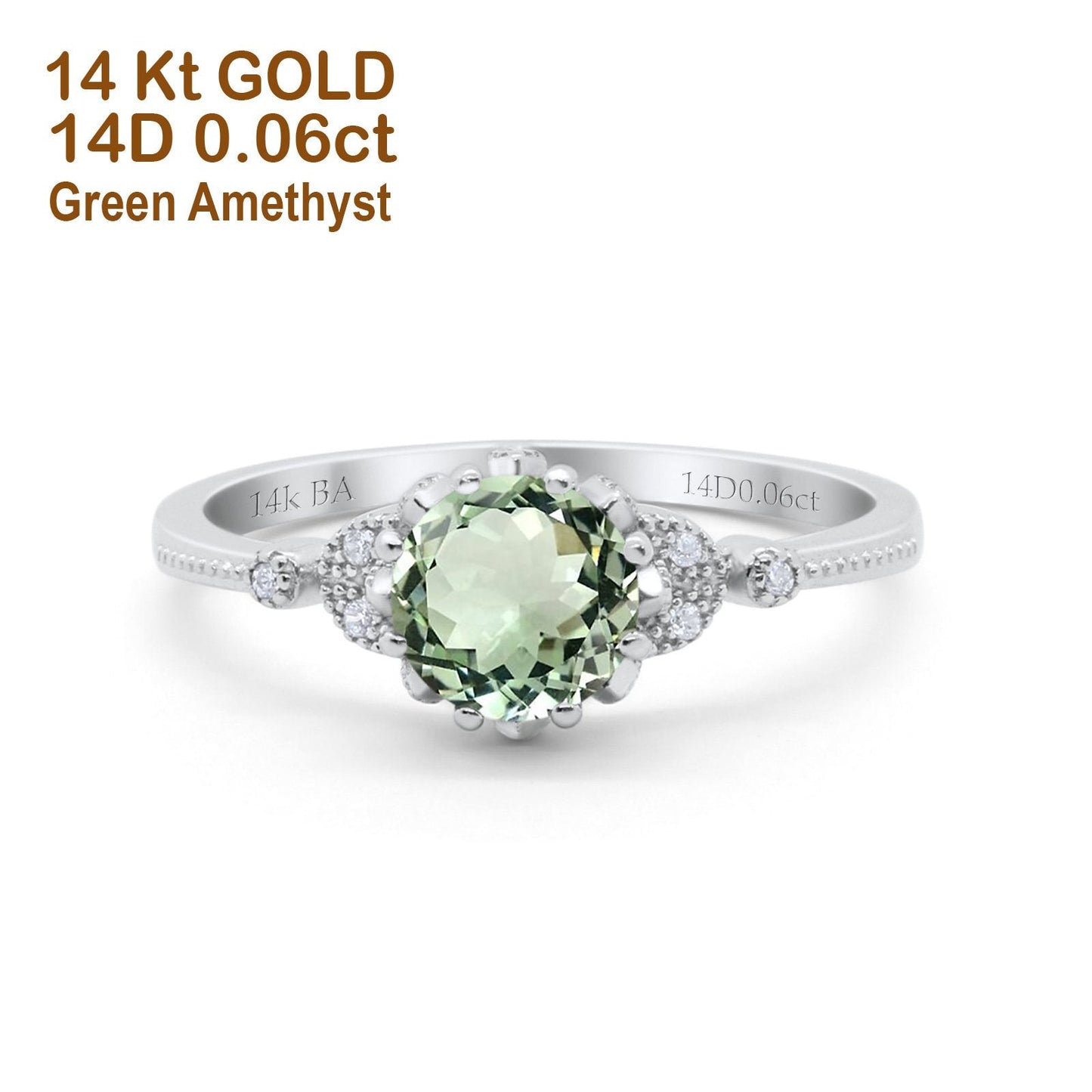 14K White Gold 1.34ct Round Art Deco Fashion 7mm G SI Natural Green Amethyst Diamond Engagement Wedding Ring Size 6.5