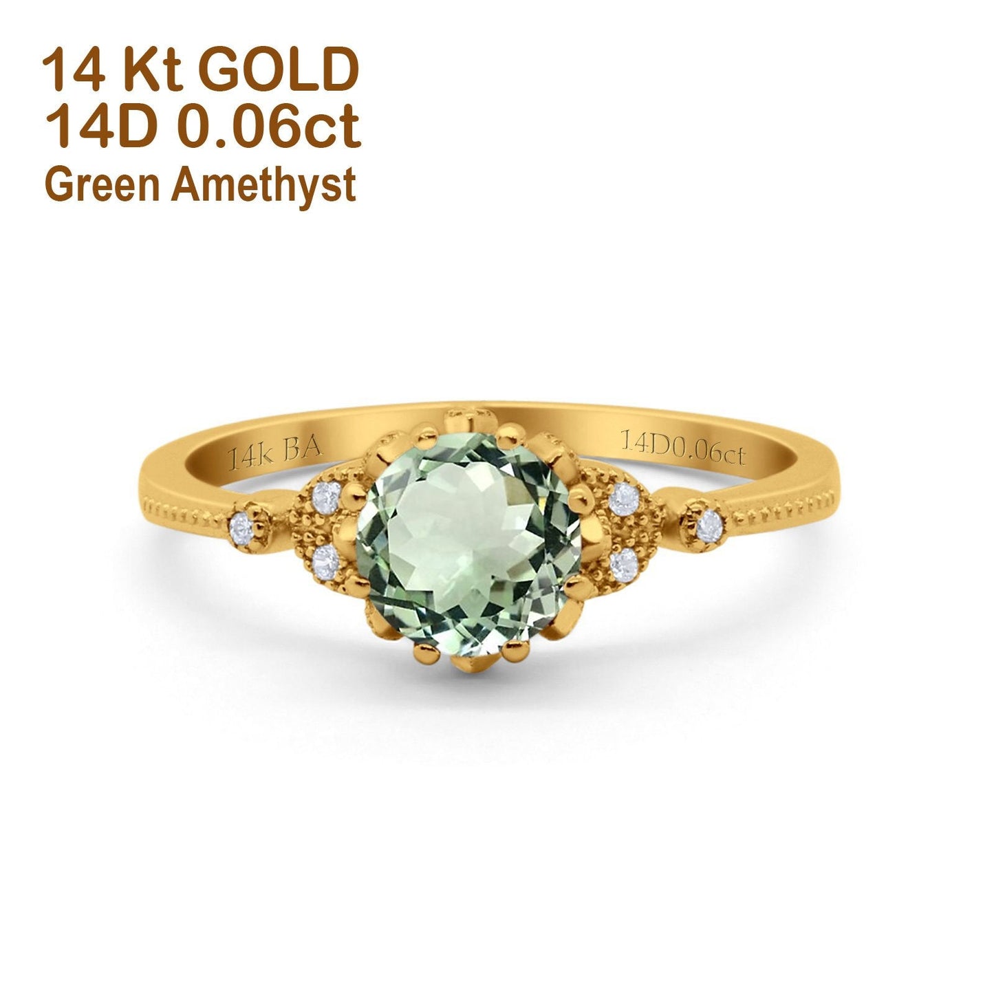 14K Yellow Gold 1.34ct Round Art Deco Fashion 7mm G SI Natural Green Amethyst Diamond Engagement Wedding Ring Size 6.5