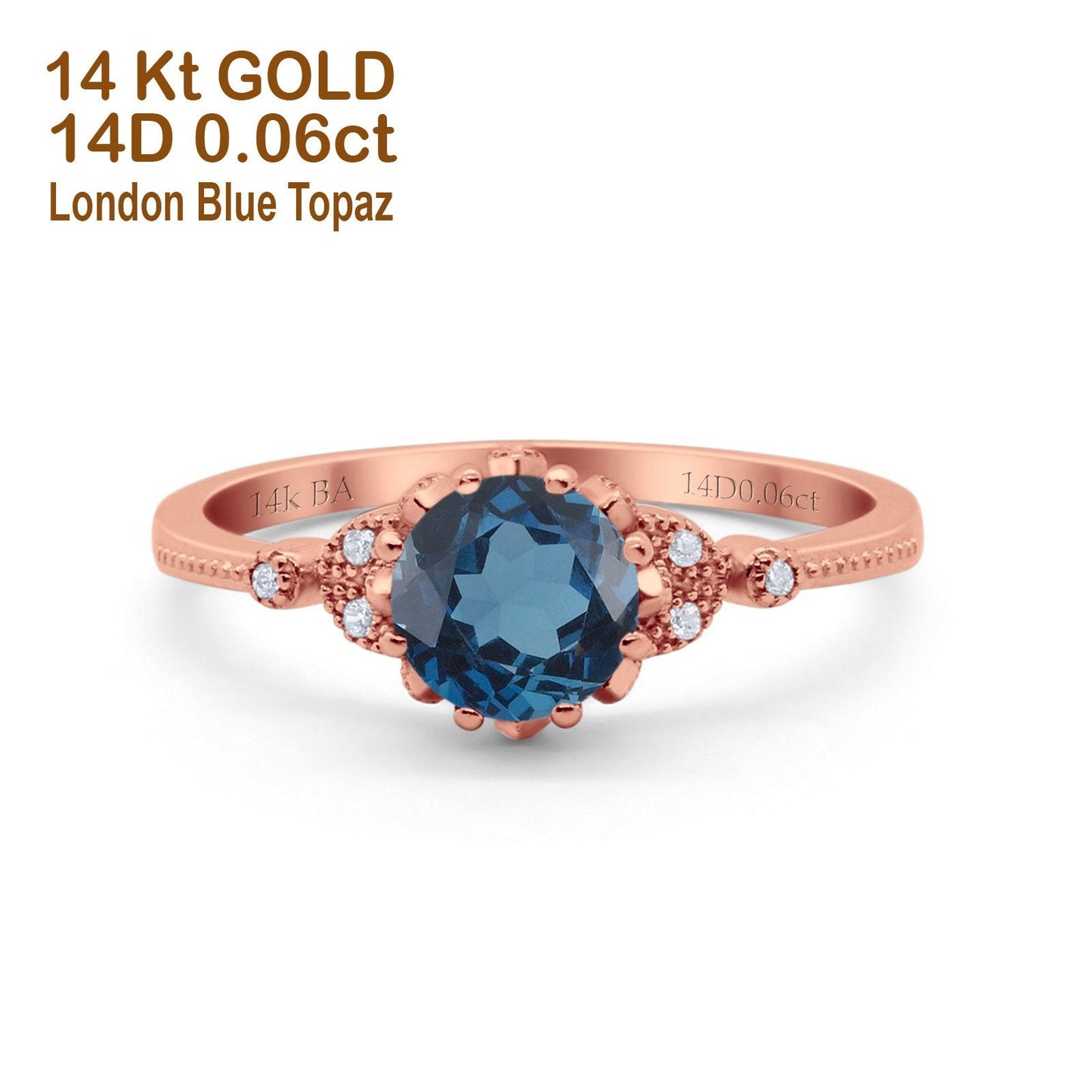 14K Rose Gold 1.34ct Round Art Deco Fashion 7mm G SI London Blue Topaz Diamond Engagement Wedding Ring Size 6.5