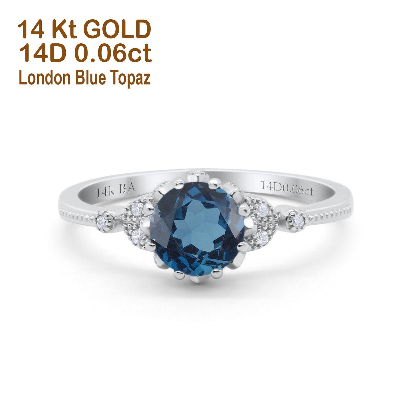 Bague de fiançailles en or blanc 14 carats 1,34 ct Art déco ronde 7 mm G SI avec topaze bleue de Londres et diamant taille 6,5