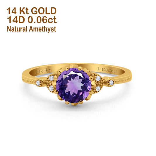 14K Yellow Gold 1.34ct Round Art Deco Fashion 7mm G SI Natural Amethyst Diamond Engagement Wedding Ring Size 6.5