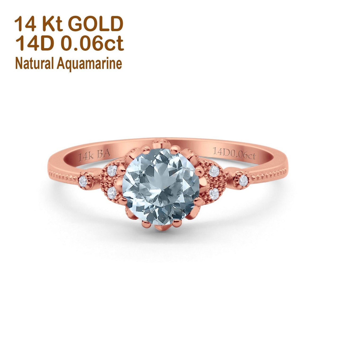 14K Rose Gold 1.34ct Round Art Deco Fashion 7mm G SI Natural Aquamarine Diamond Engagement Wedding Ring Size 6.5