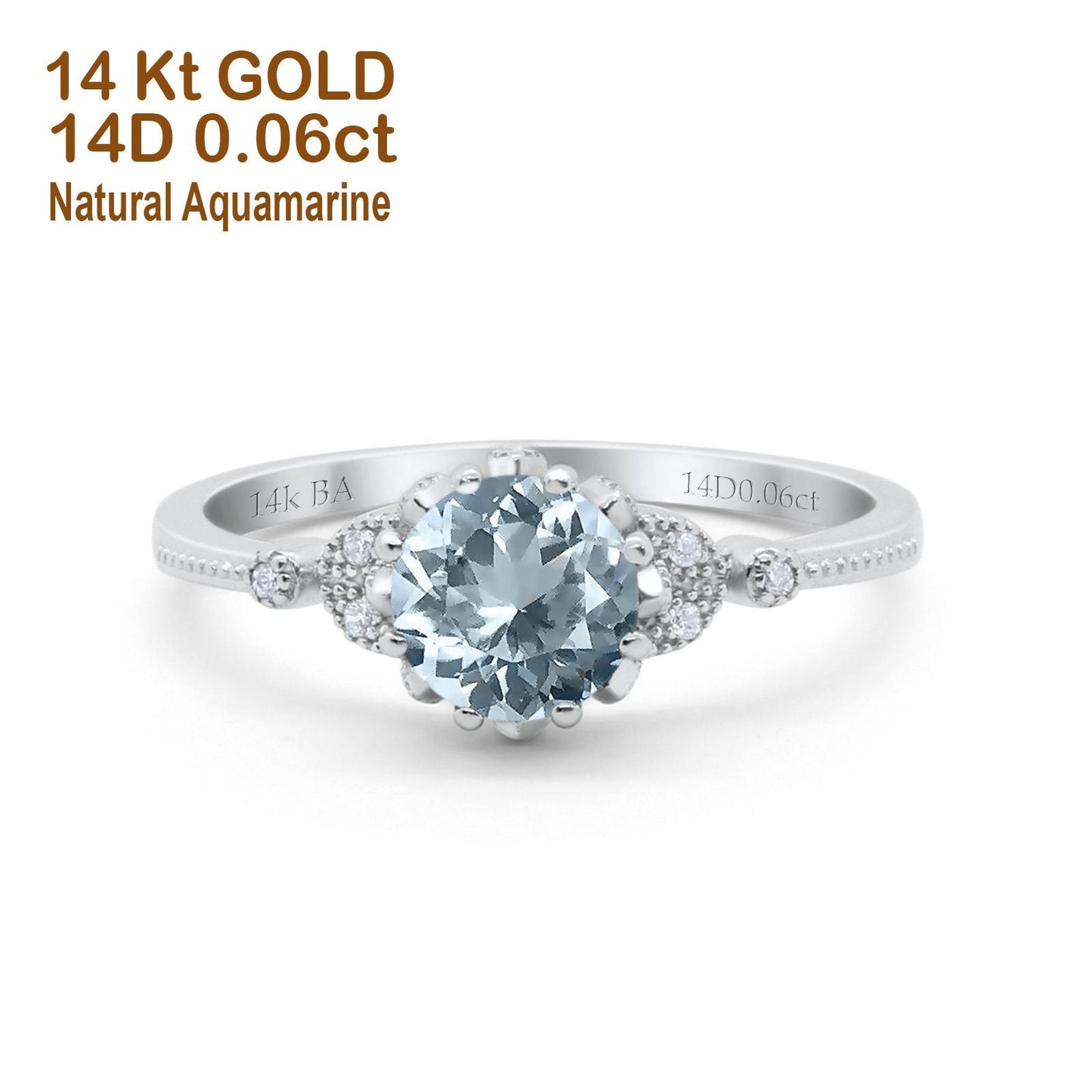 14K White Gold 1.34ct Round Art Deco Fashion 7mm G SI Natural Aquamarine Diamond Engagement Wedding Ring Size 6.5