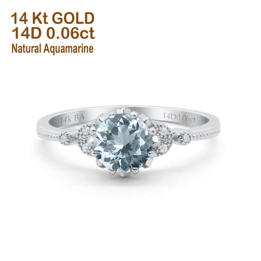 14K White Gold 1.34ct Round Art Deco Fashion 7mm G SI Natural Aquamarine Diamond Engagement Wedding Ring Size 6.5