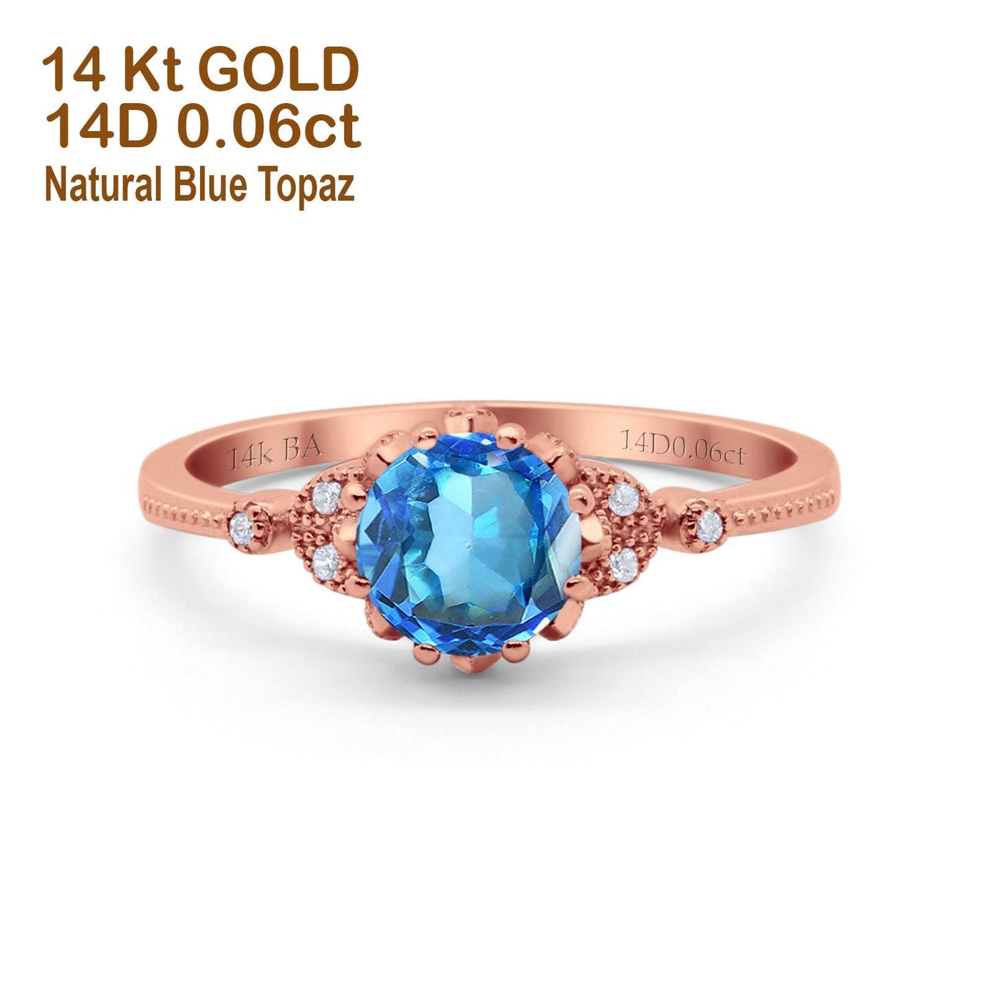 14K Rose Gold 1.34ct Round Art Deco Fashion 7mm G SI Natural Blue Topaz Diamond Engagement Wedding Ring Size 6.5