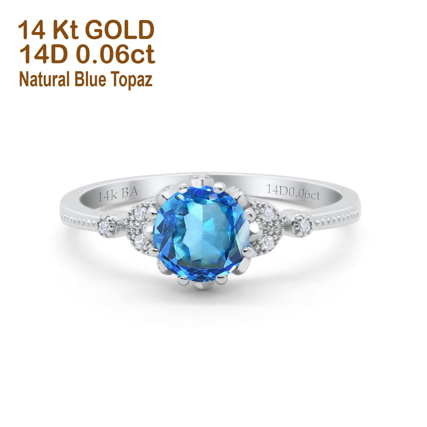 Bague de fiançailles en or blanc 14 carats 1,34 ct Art déco ronde 7 mm G SI avec topaze bleue naturelle et diamant taille 6,5