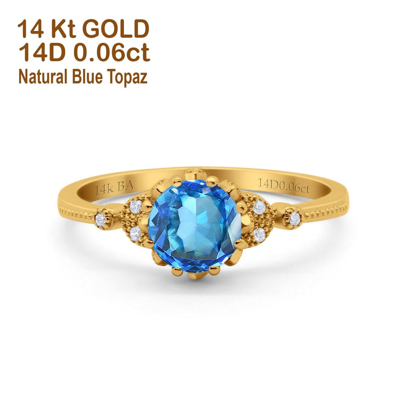 14K Yellow Gold 1.34ct Round Art Deco Fashion 7mm G SI Natural Blue Topaz Diamond Engagement Wedding Ring Size 6.5