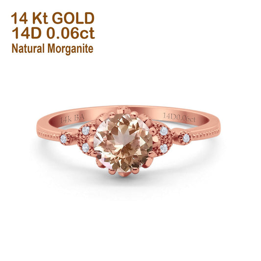 14K Rose Gold 1.34ct Round Art Deco Fashion 7mm G SI Natural Morganite Diamond Engagement Wedding Ring Size 6.5