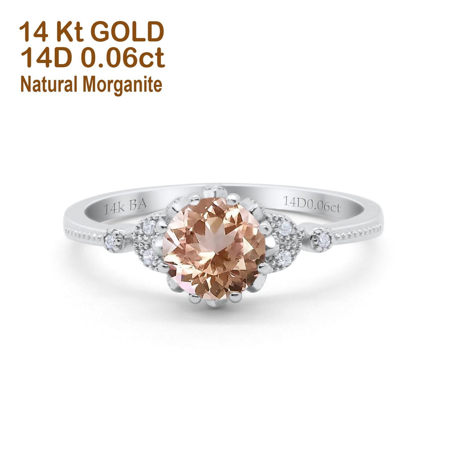 14K White Gold 1.34ct Round Art Deco Fashion 7mm G SI Natural Morganite Diamond Engagement Wedding Ring Size 6.5