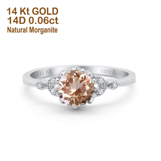 14K White Gold 1.34ct Round Art Deco Fashion 7mm G SI Natural Morganite Diamond Engagement Wedding Ring Size 6.5