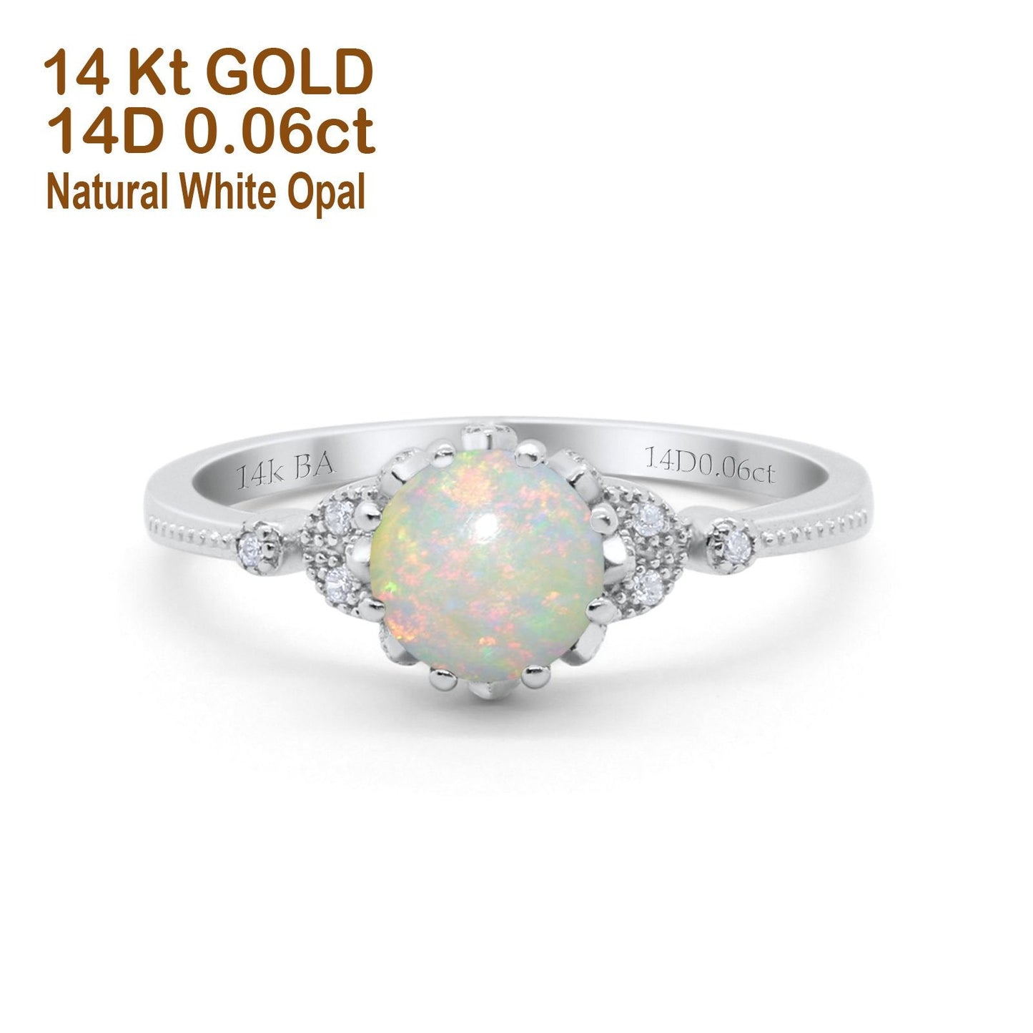 14K White Gold 0.06ct Round Art Deco Fashion 7mm G SI Natural White Opal Diamond Engagement Wedding Ring Size 6.5