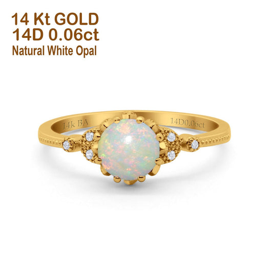 14K Yellow Gold 0.06ct Round Art Deco Fashion 7mm G SI Natural White Opal Diamond Engagement Wedding Ring Size 6.5