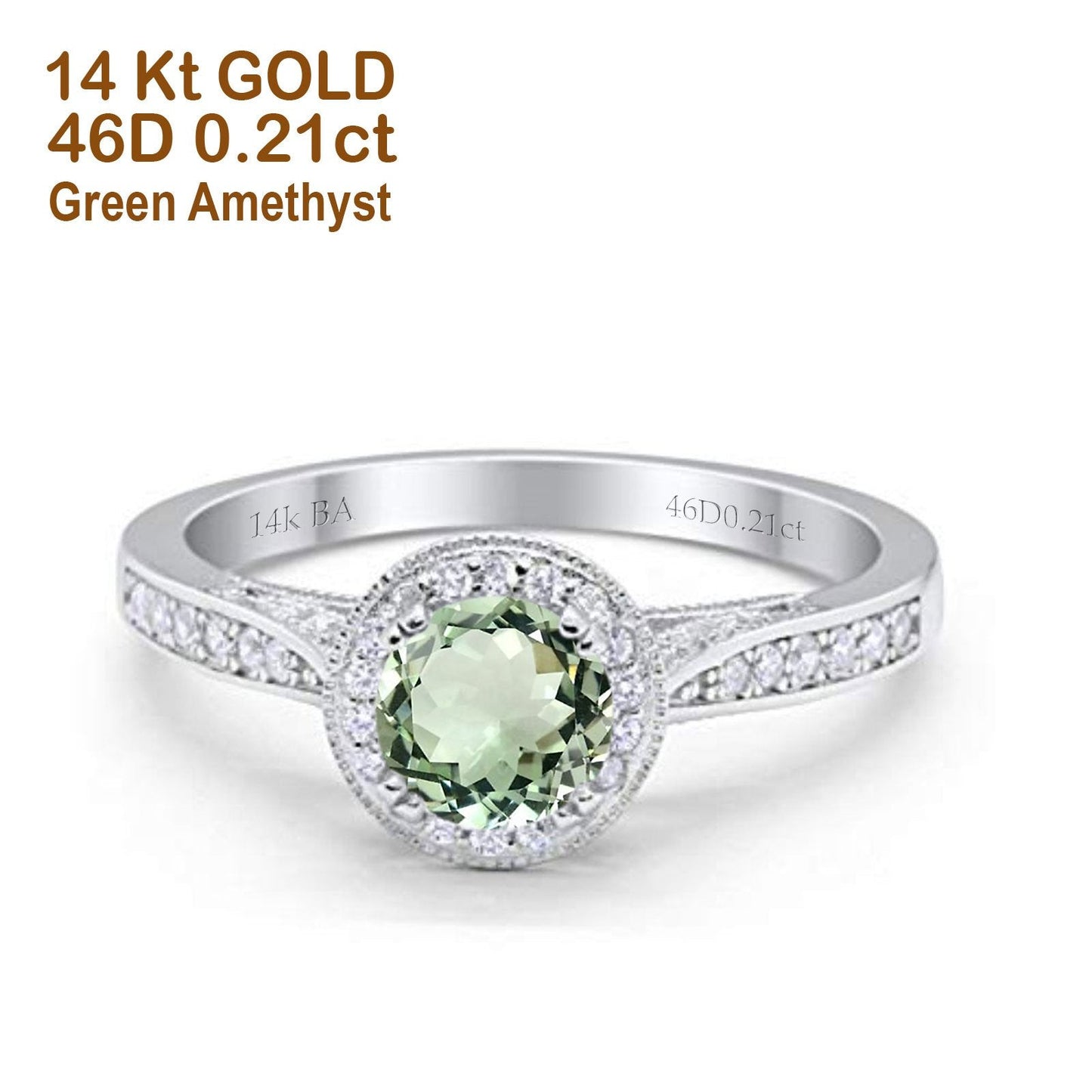 14K White Gold 0.67ct Round Halo 6.5mm G SI Natural Green Amethyst Diamond Engagement Wedding Ring Size 6.5