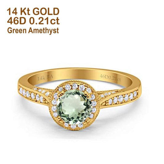 14K Yellow Gold 0.67ct Round Halo 6.5mm G SI Natural Green Amethyst Diamond Engagement Wedding Ring Size 6.5