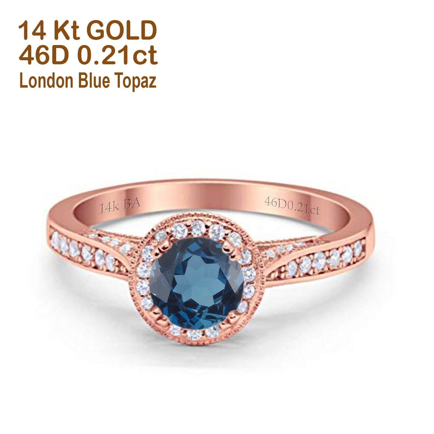 14K Rose Gold 0.67ct Round Halo 6.5mm G SI London Blue Topaz Diamond Engagement Wedding Ring Size 6.5