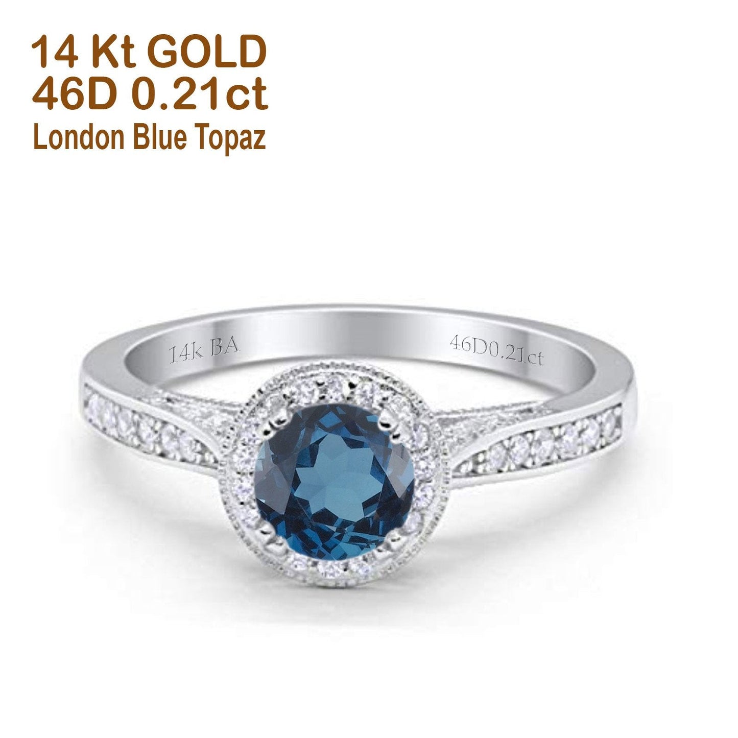 14K White Gold 0.67ct Round Halo 6.5mm G SI London Blue Topaz Diamond Engagement Wedding Ring Size 6.5