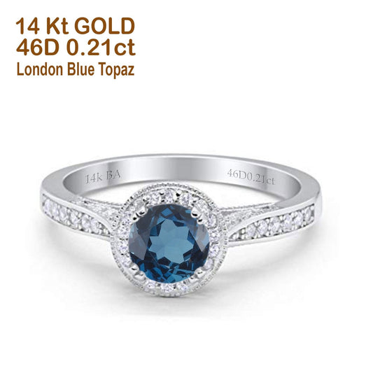 14K White Gold 0.67ct Round Halo 6.5mm G SI London Blue Topaz Diamond Engagement Wedding Ring Size 6.5