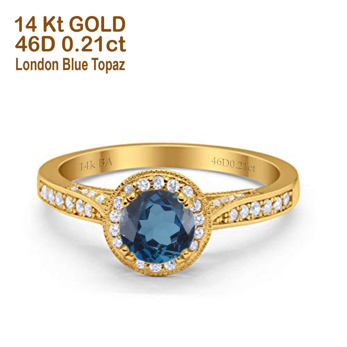 14K Yellow Gold 0.67ct Round Halo 6.5mm G SI London Blue Topaz Diamond Engagement Wedding Ring Size 6.5