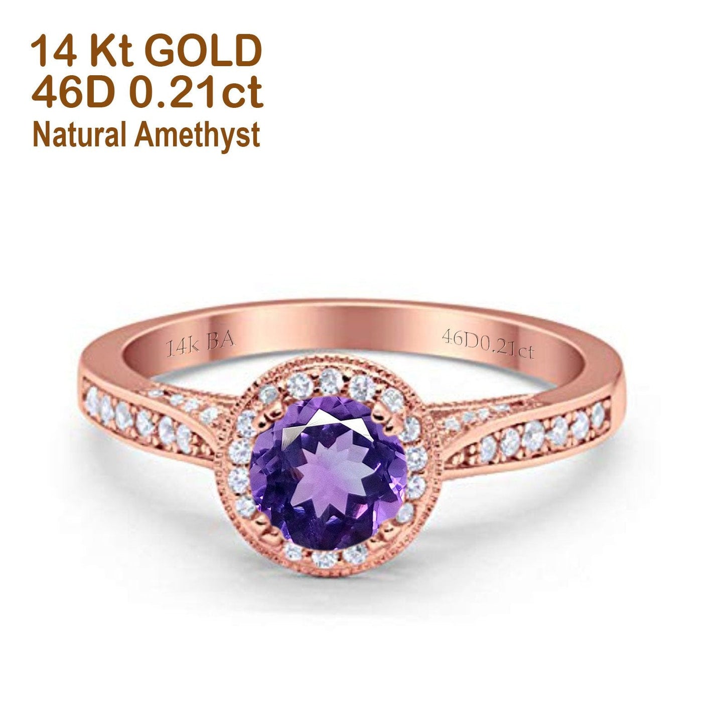 14K Rose Gold 0.67ct Round Halo 6.5mm G SI Natural Amethyst Diamond Engagement Wedding Ring Size 6.5