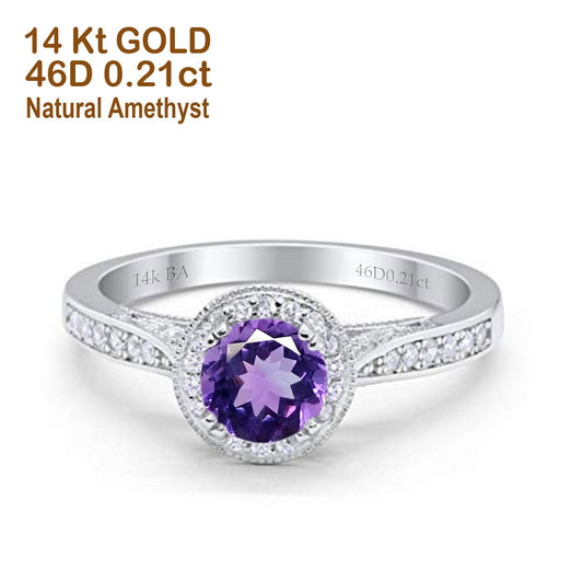 14K White Gold 0.67ct Round Halo 6.5mm G SI Natural Amethyst Diamond Engagement Wedding Ring Size 6.5