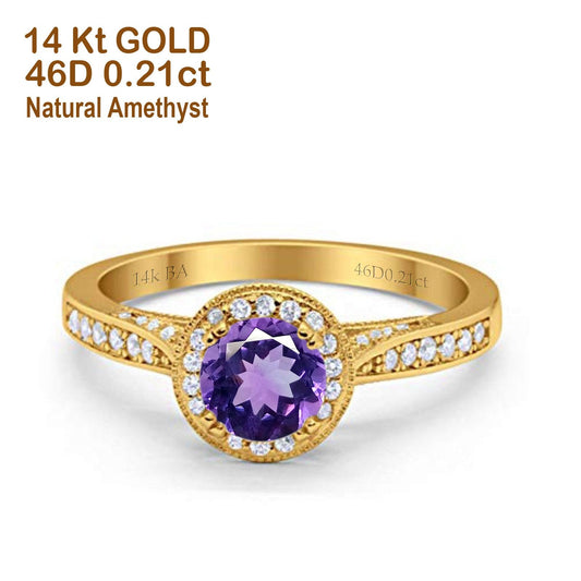 14K Yellow Gold 0.67ct Round Halo 6.5mm G SI Natural Amethyst Diamond Engagement Wedding Ring Size 6.5