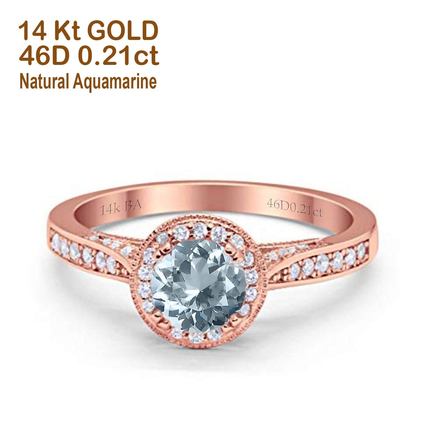 14K Rose Gold 0.67ct Round Halo 6.5mm G SI Natural Aquamarine Diamond Engagement Wedding Ring Size 6.5