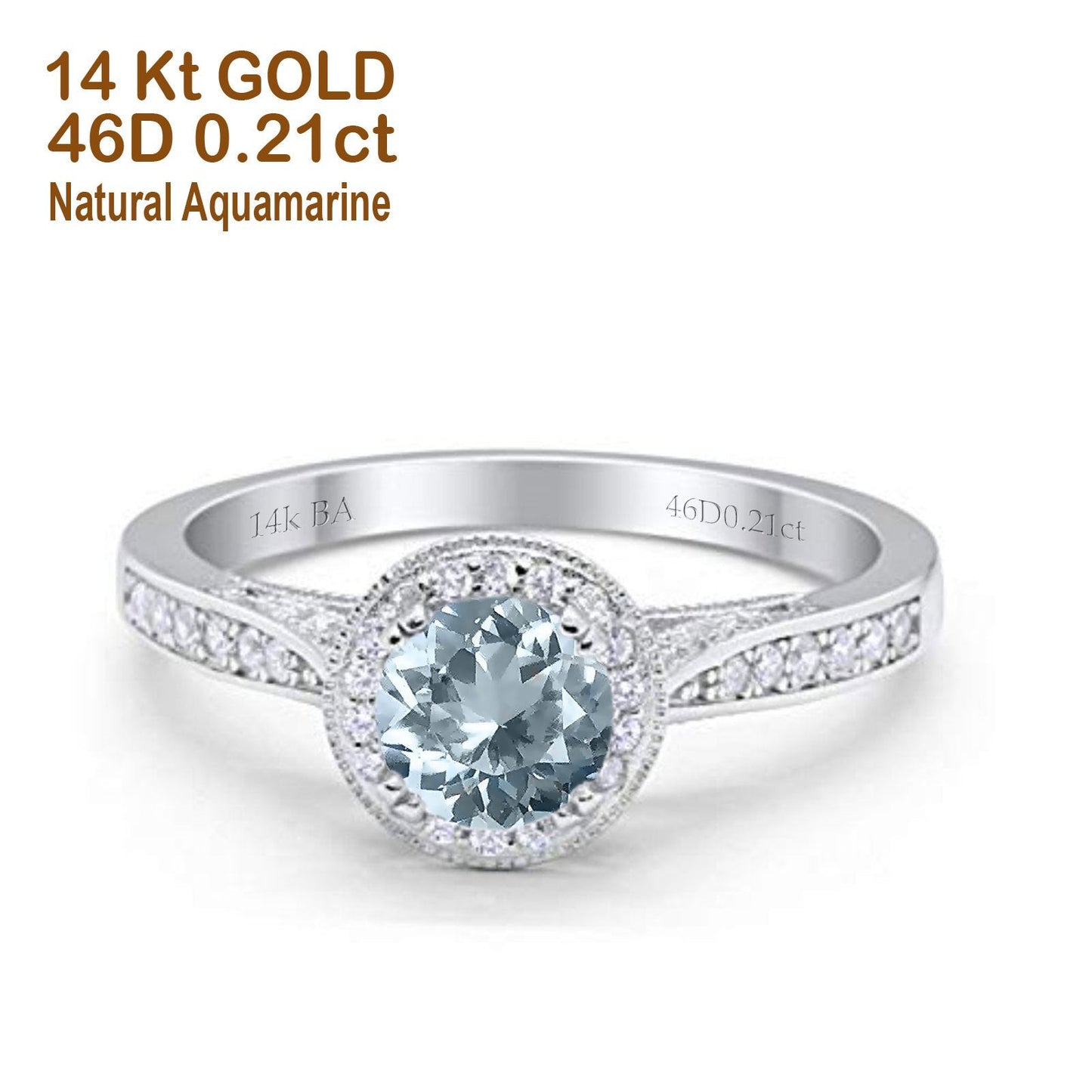 14K White Gold 0.67ct Round Halo 6.5mm G SI Natural Aquamarine Diamond Engagement Wedding Ring Size 6.5