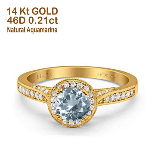 14K Yellow Gold 0.67ct Round Halo 6.5mm G SI Natural Aquamarine Diamond Engagement Wedding Ring Size 6.5