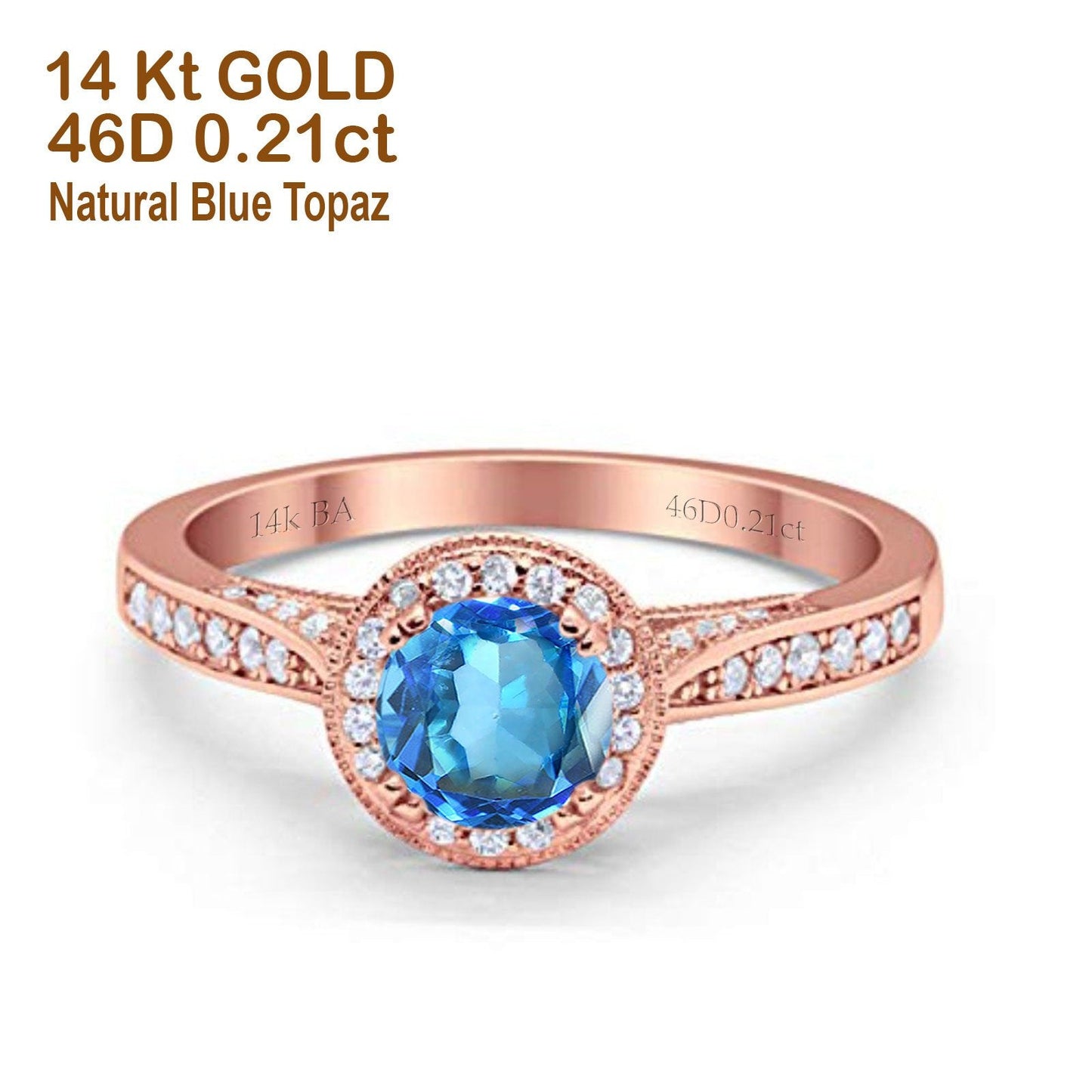 14K Rose Gold 0.67ct Round Halo 6.5mm G SI Natural Blue Topaz Diamond Engagement Wedding Ring Size 6.5