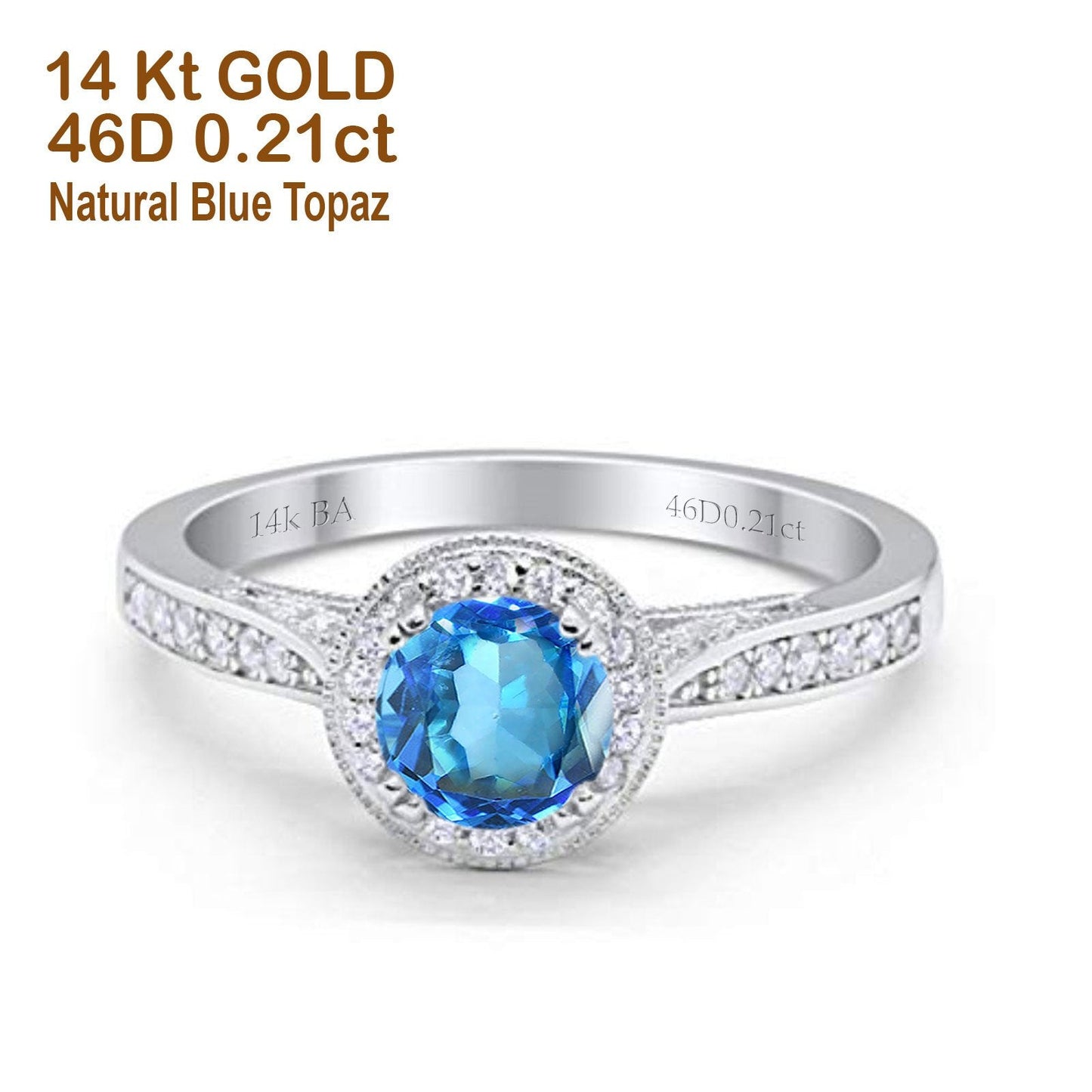 14K White Gold 0.67ct Round Halo 6.5mm G SI Natural Blue Topaz Diamond Engagement Wedding Ring Size 6.5