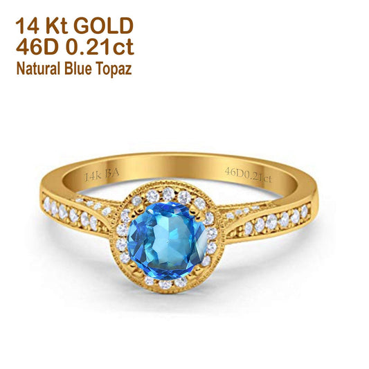 14K Yellow Gold 0.67ct Round Halo 6.5mm G SI Natural Blue Topaz Diamond Engagement Wedding Ring Size 6.5