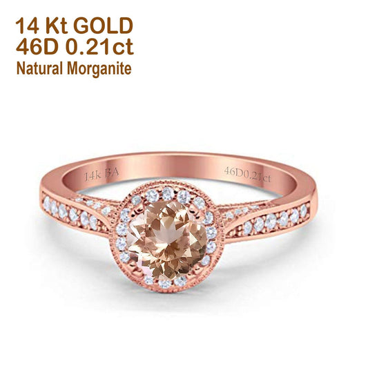 14K Rose Gold 0.67ct Round Halo 6.5mm G SI Natural Morganite Diamond Engagement Wedding Ring Size 6.5