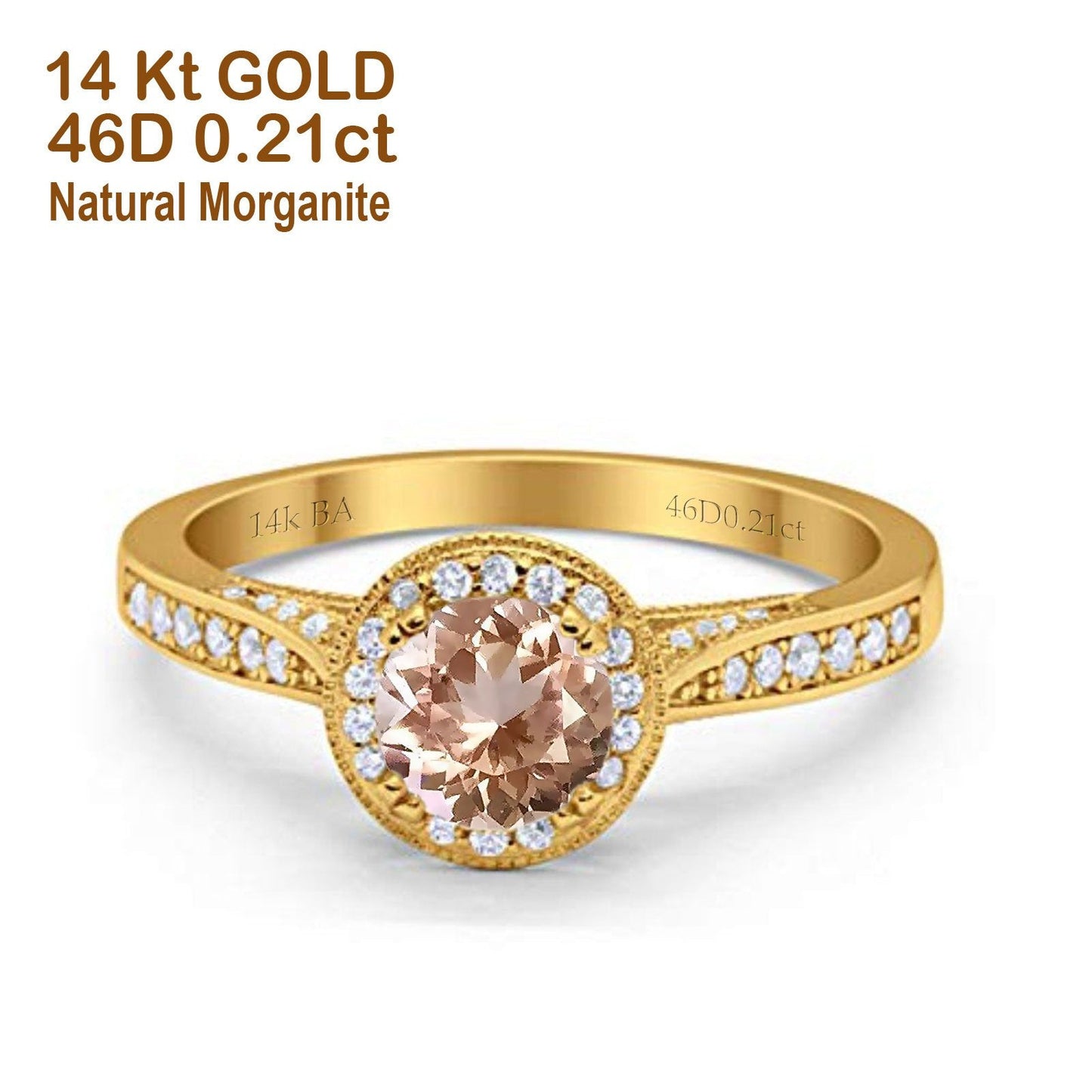 14K Yellow Gold 0.67ct Round Halo 6.5mm G SI Natural Morganite Diamond Engagement Wedding Ring Size 6.5