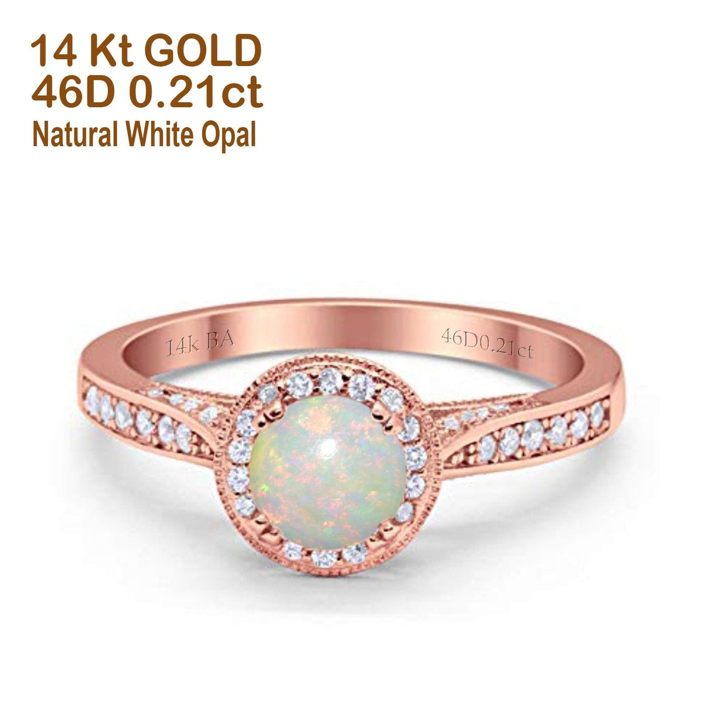 14K Rose Gold 0.21ct Round Halo 6.5mm G SI Natural White Opal Diamond Engagement Wedding Ring Size 6.5