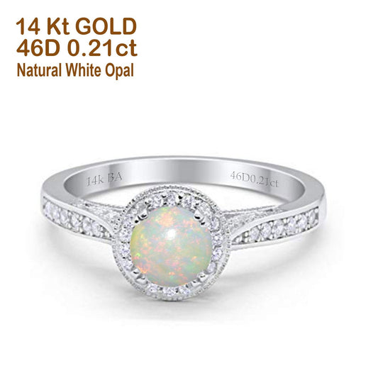 14K White Gold 0.21ct Round Halo 6.5mm G SI Natural White Opal Diamond Engagement Wedding Ring Size 6.5