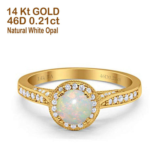 14K Yellow Gold 0.21ct Round Halo 6.5mm G SI Natural White Opal Diamond Engagement Wedding Ring Size 6.5