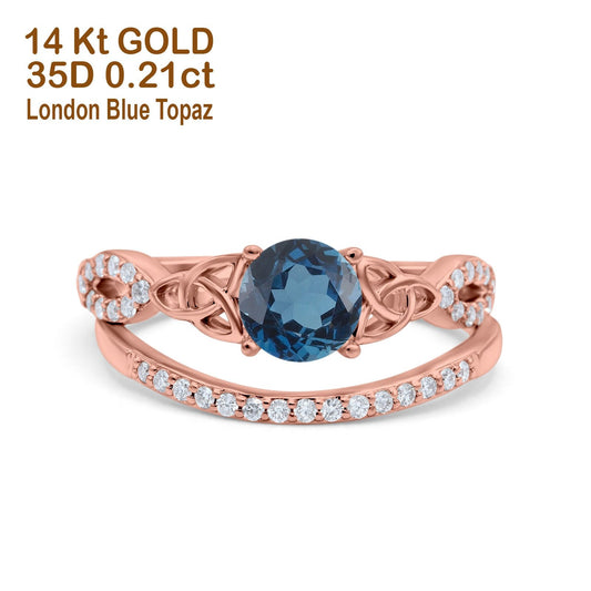 14K Rose Gold 1.05ct Round 6mm G SI London Blue Topaz Diamond Engagement Bridal Wedding Ring Size 6.5