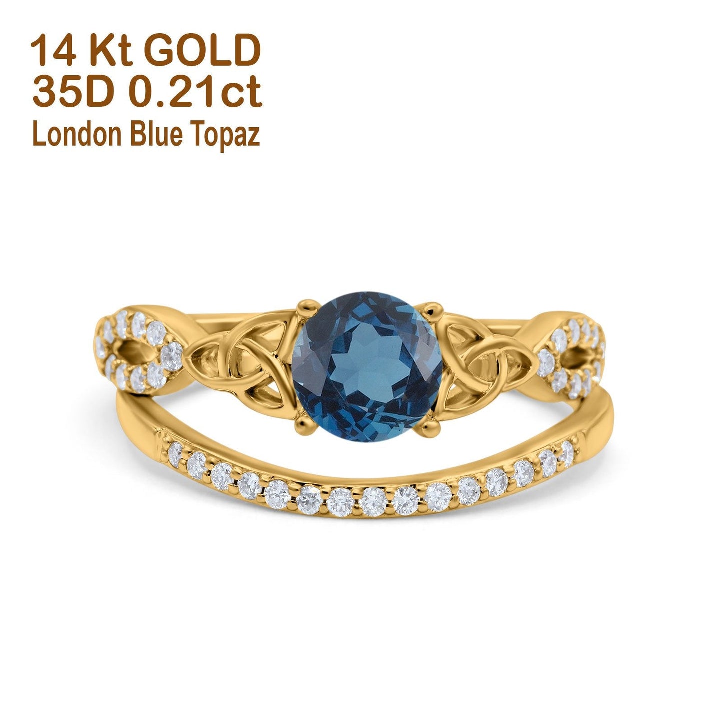 14K Yellow Gold 1.05ct Round 6mm G SI London Blue Topaz Diamond Engagement Bridal Wedding Ring Size 6.5