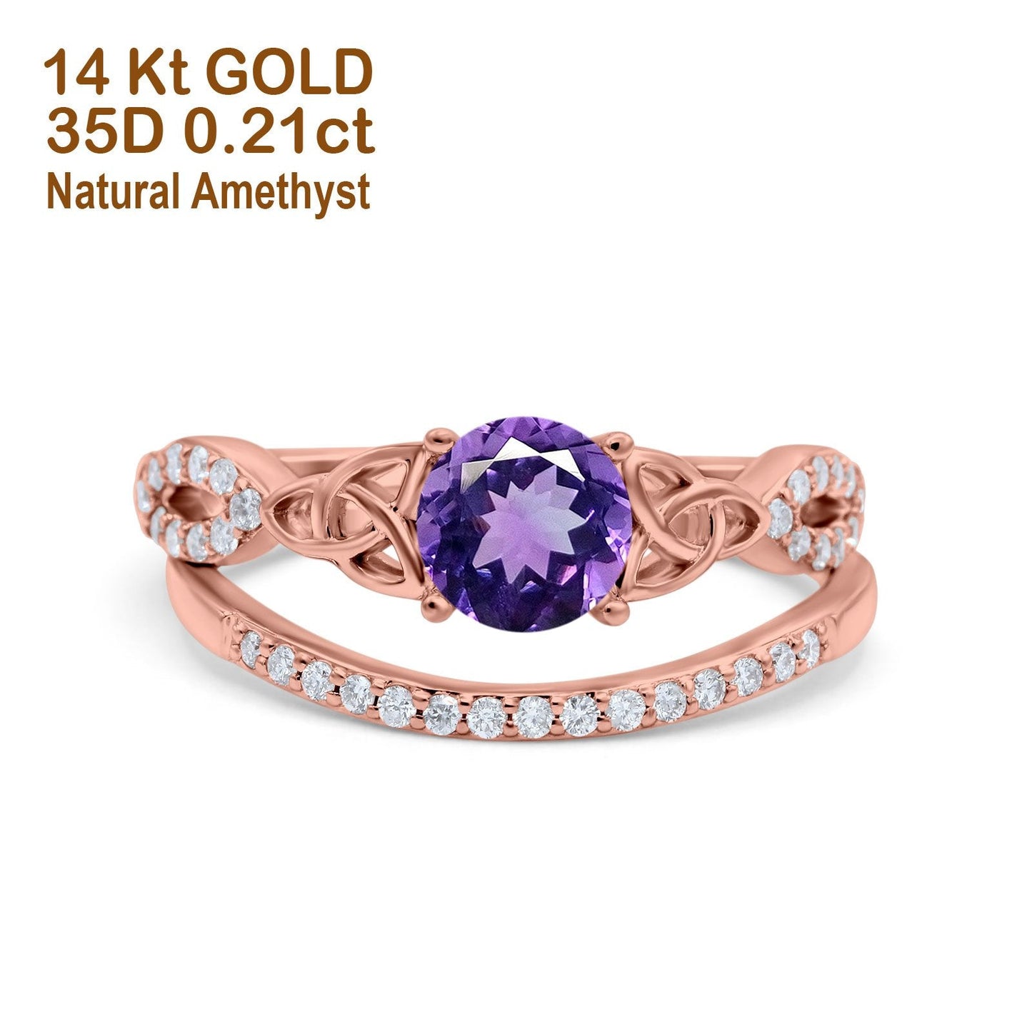 14K Rose Gold 1.05ct Round 6mm G SI Natural Amethyst Diamond Engagement Bridal Wedding Ring Size 6.5