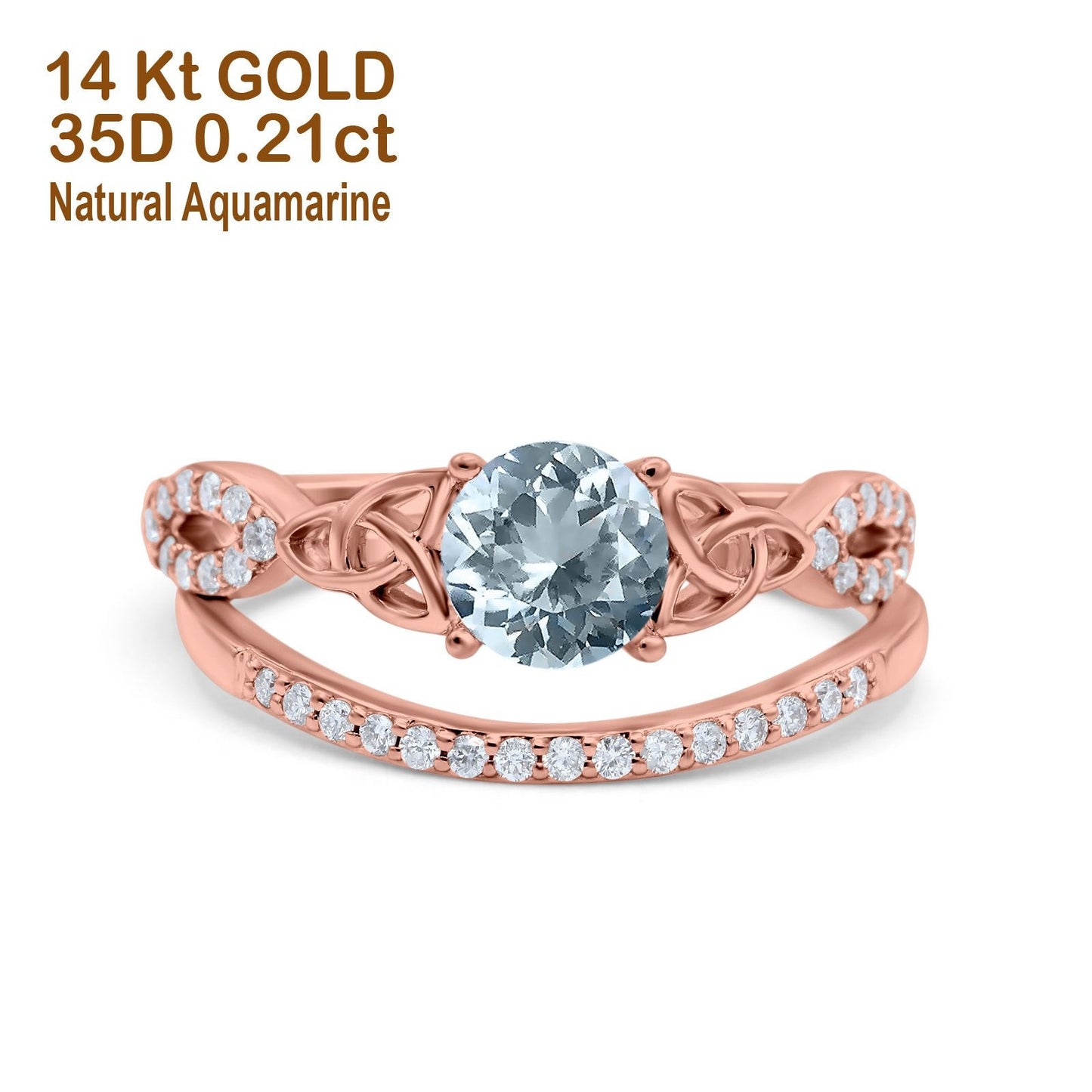 14K Rose Gold 1.05ct Round 6mm G SI Natural Aquamarine Diamond Engagement Bridal Wedding Ring Size 6.5