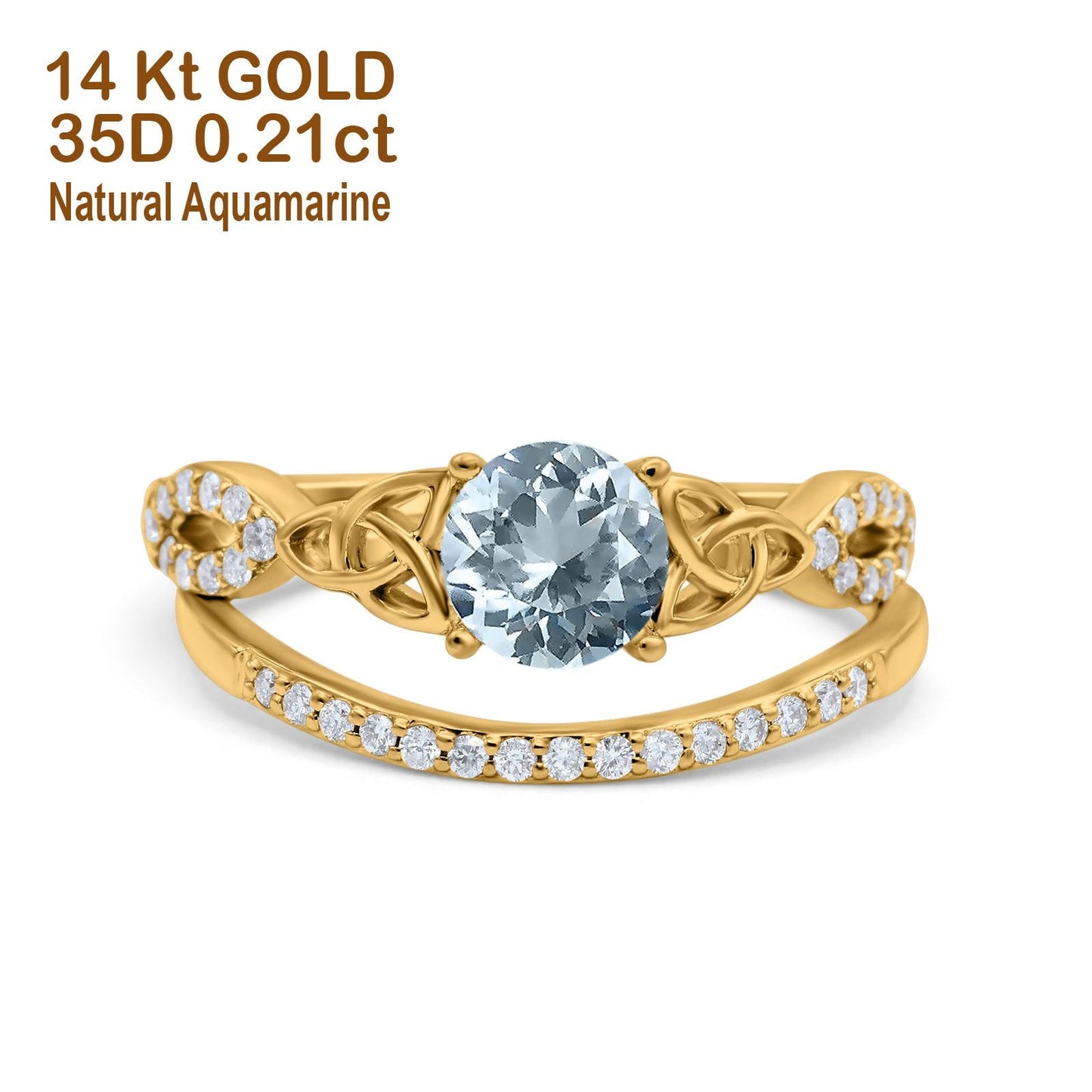 14K Yellow Gold 1.05ct Round 6mm G SI Natural Aquamarine Diamond Engagement Bridal Wedding Ring Size 6.5