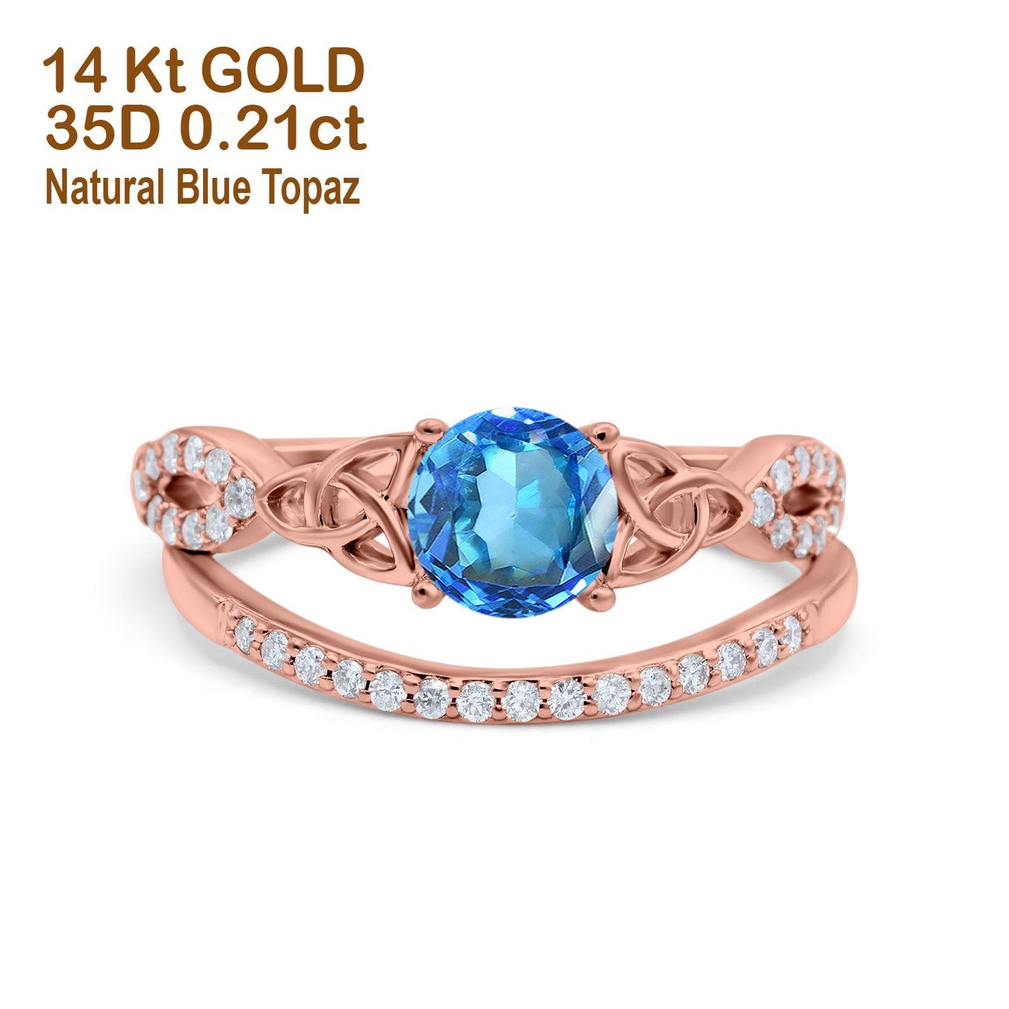 14K Rose Gold 1.05ct Round 6mm G SI Natural Blue Topaz Diamond Engagement Bridal Wedding Ring Size 6.5