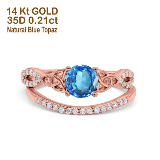 14K Rose Gold 1.05ct Round 6mm G SI Natural Blue Topaz Diamond Engagement Bridal Wedding Ring Size 6.5