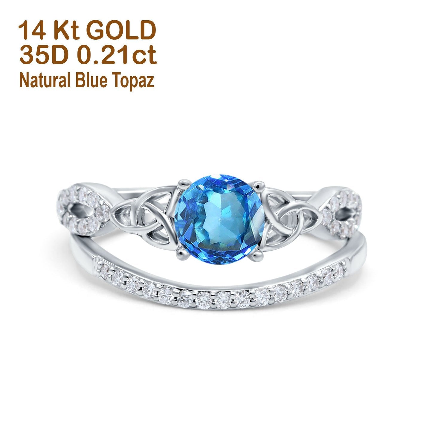 14K White Gold 1.05ct Round 6mm G SI Natural Blue Topaz Diamond Engagement Bridal Wedding Ring Size 6.5