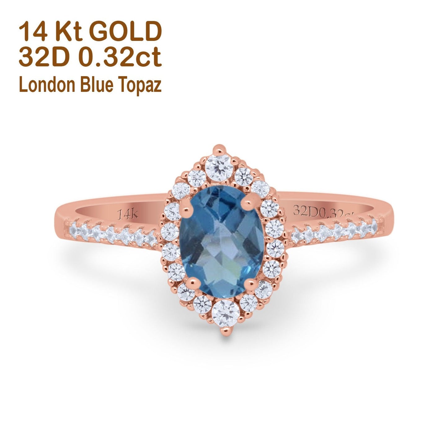 14K Rose Gold 1.53ct Oval London Blue Topaz G SI Diamond Engagement Ring Size 6.5