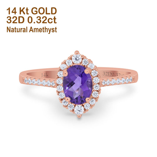 14K Rose Gold 1.53ct Oval Natural Amethyst G SI Diamond Engagement Ring Size 6.5