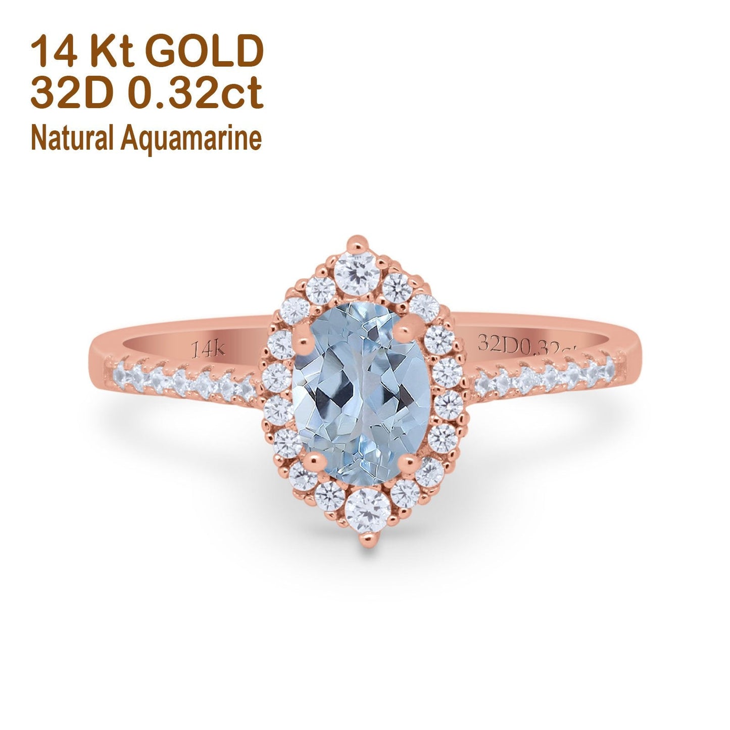 14K Rose Gold 1.53ct Oval Natural Aquamarine G SI Diamond Engagement Ring Size 6.5