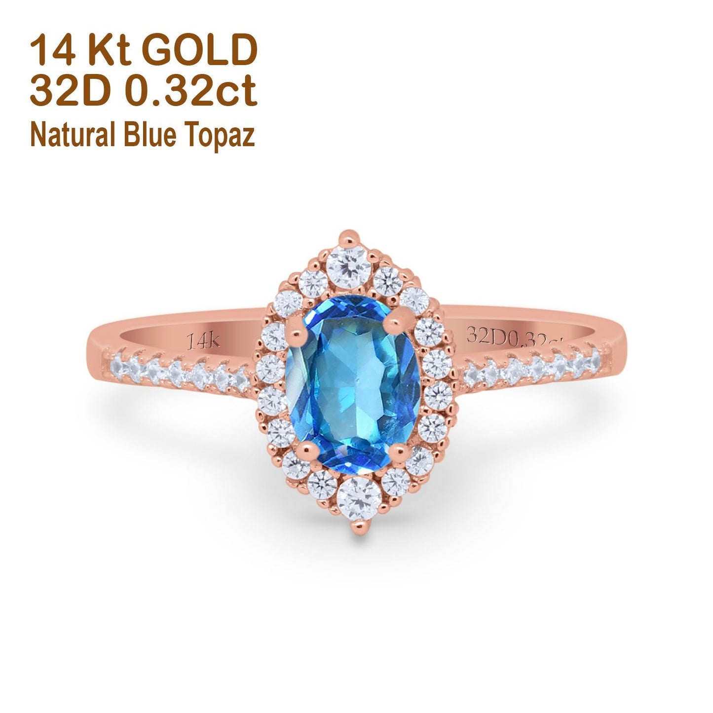 14K Rose Gold 1.53ct Oval Natural Blue Topaz G SI Diamond Engagement Ring Size 6.5