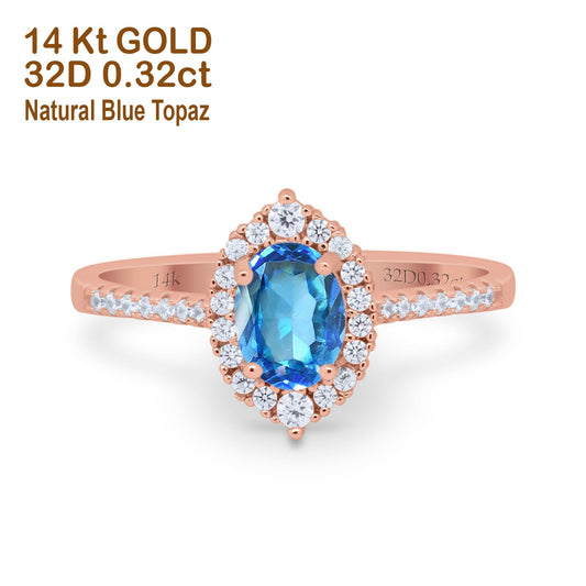 14K Rose Gold 1.53ct Oval Natural Blue Topaz G SI Diamond Engagement Ring Size 6.5