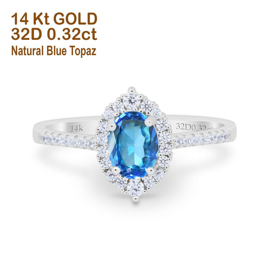 14K White Gold 1.53ct Oval Natural Blue Topaz G SI Diamond Engagement Ring Size 6.5